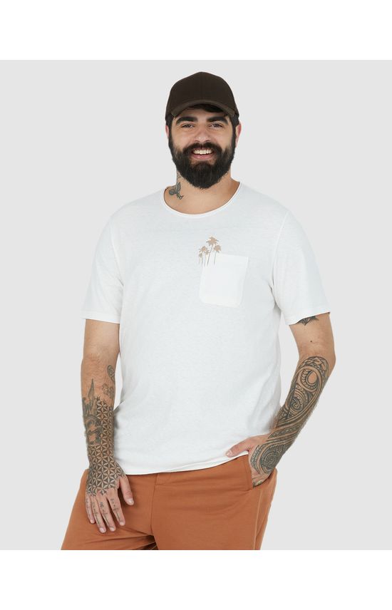 Camiseta Masculina Plus Size Com Bolso Funcional Em Malha Linho