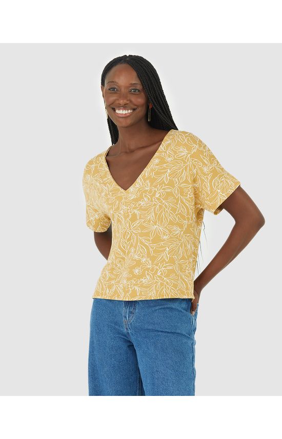 Blusa Feminina Estampada Decote V Em Moletinho Stretch Viscose