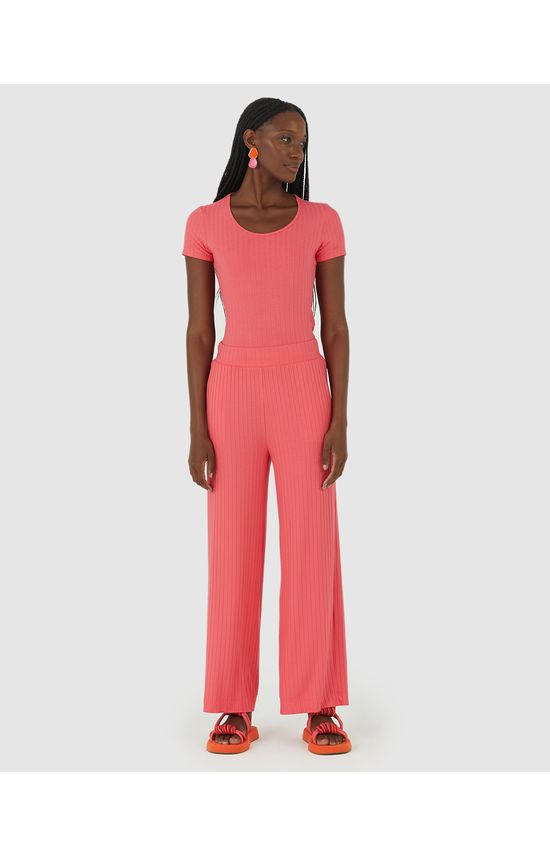 Calça Wide Leg Feminina Cintura Alta Em Malha Canelada De Viscose