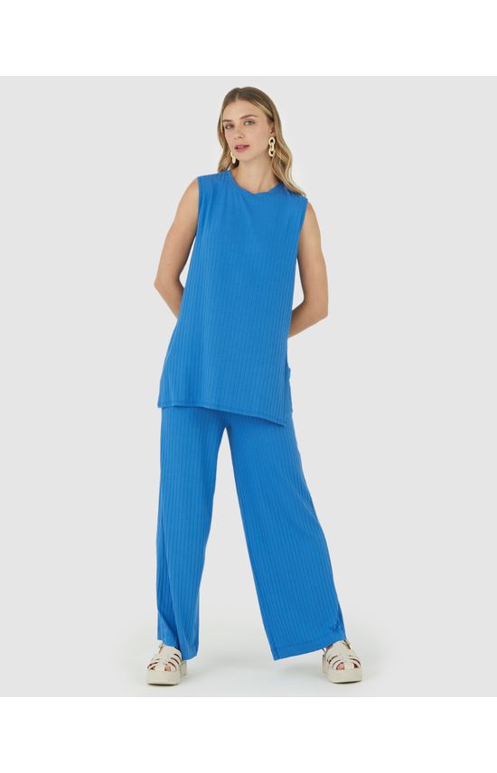 Calça Wide Leg Feminina Cintura Alta Em Malha Canelada De Viscose
