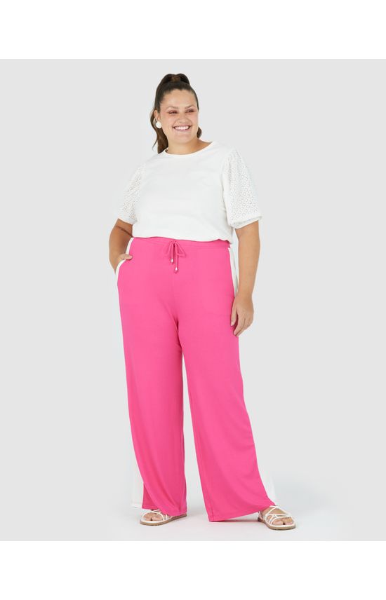 Calça Wide Leg Feminina Plus Size Recorte Lateral Em Viscose Stretch