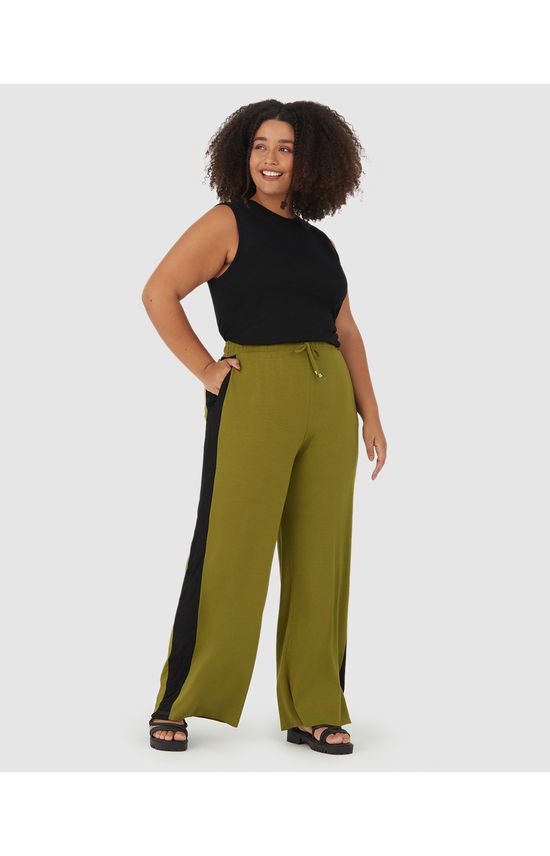 Calça Wide Leg Feminina Plus Size Recorte Lateral Em Viscose Stretch