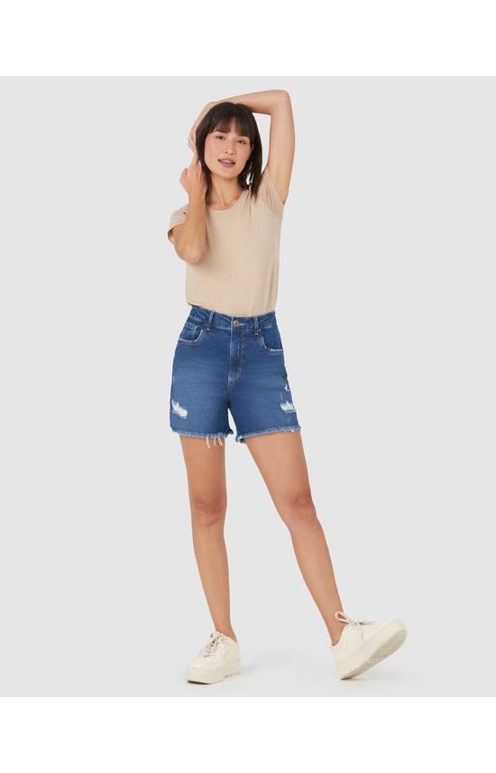 Bermuda Feminina Boyfriend Barra Desfiada Em Jeans Com Elastano