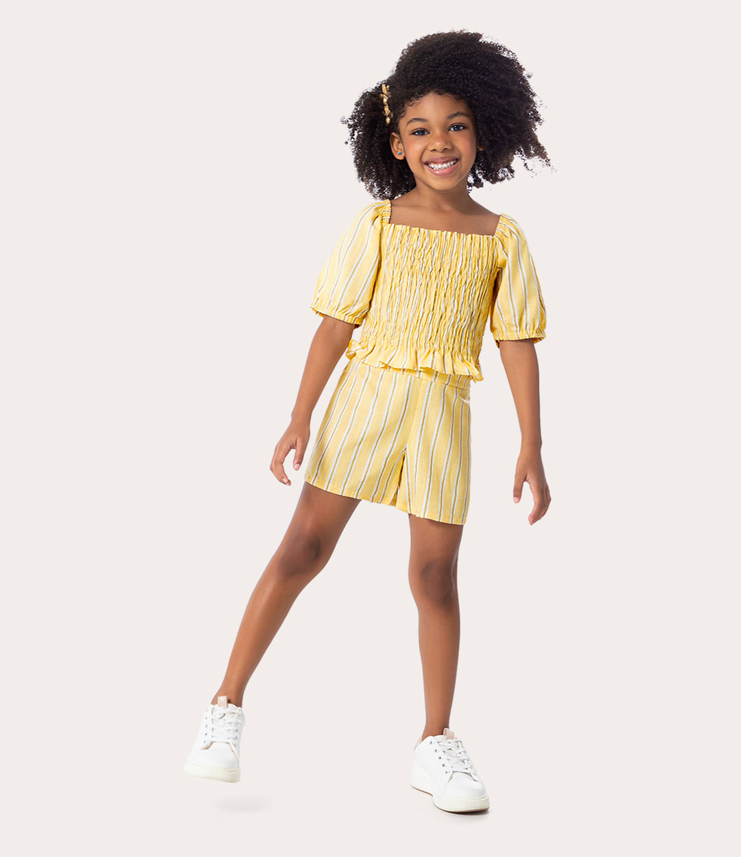 Conjunto Infantil Menina Listrado Manga Bufante em Linho Malwee Kids