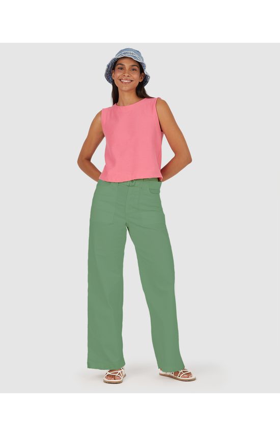 Calça Wide Leg Feminina Com Cinto Em Sarja Com Elastano
