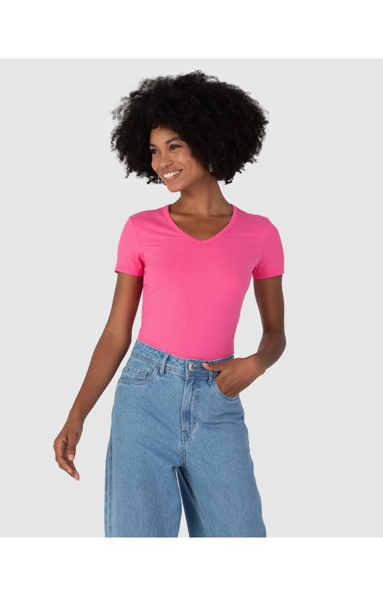 Blusa Básica Feminina Decote V Em Malha Canelada