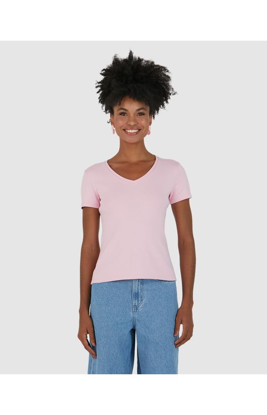 Blusa Básica Feminina Decote V Manga Curta Em Algodão