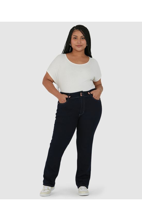 Calça Feminina Plus Size Reta Cintura Média Em Flex Jeans
