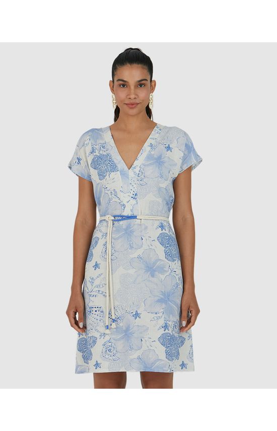 Vestido Feminino Decote V Com Cinto Em Viscolinho