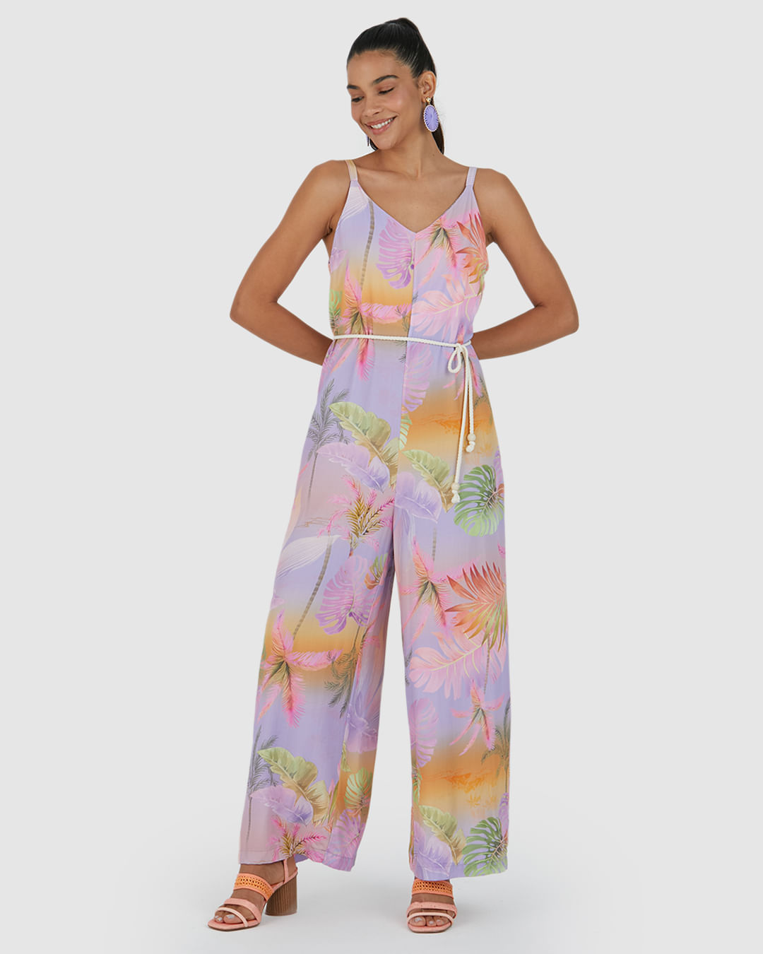 Macacão Feminino Estampado Cinto Cordão Em Viscose - Imagem 6