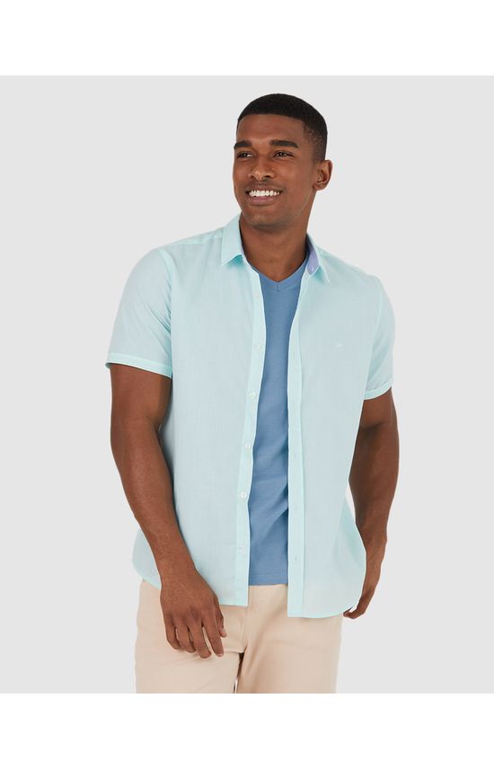 Camisa Slim Básica Masculina Manga Curta Em Tricoline