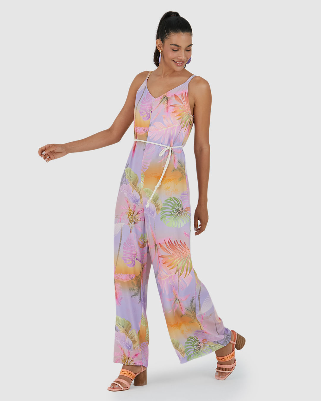 Macacão Feminino Estampado Cinto Cordão Em Viscose - Imagem 12
