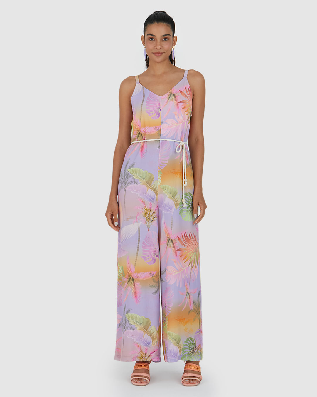 Macacão Feminino Estampado Cinto Cordão Em Viscose - Imagem 5