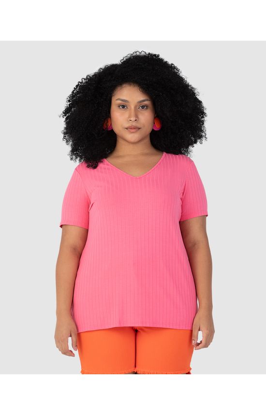 Blusa Básica Feminina Plus Size Decote V Em Canelado De Viscose