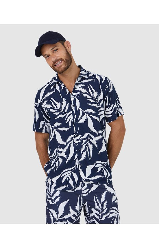 Camisa Masculina Manga Curta Estampa Folhagem Em Viscose