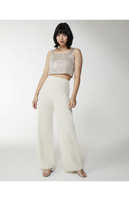 Calça Wide Leg Feminina Cintura Alta Em Lurex