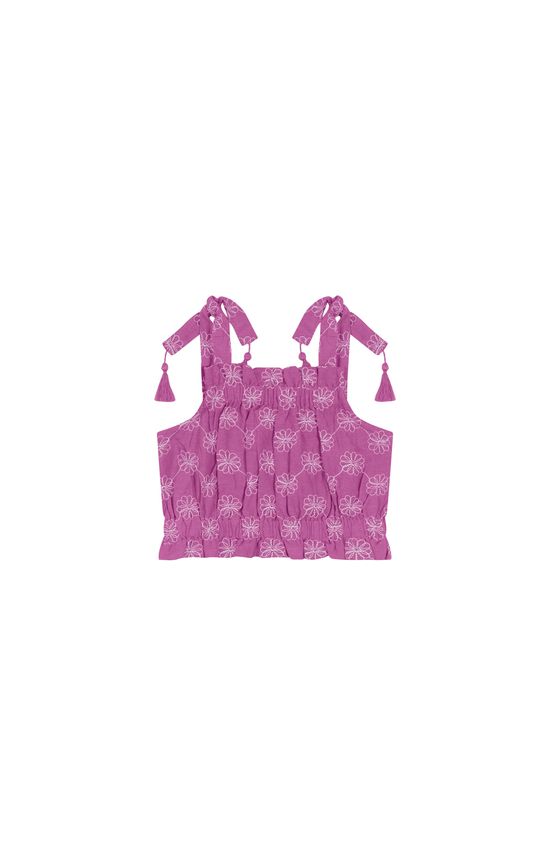 Blusa Menina Cropped Em Linho Bordado - Carinhoso