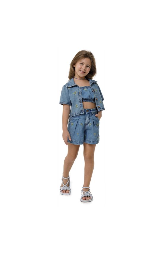 Camisa Menina Cropped Com Bordado Em Jeans Leve Carinhoso