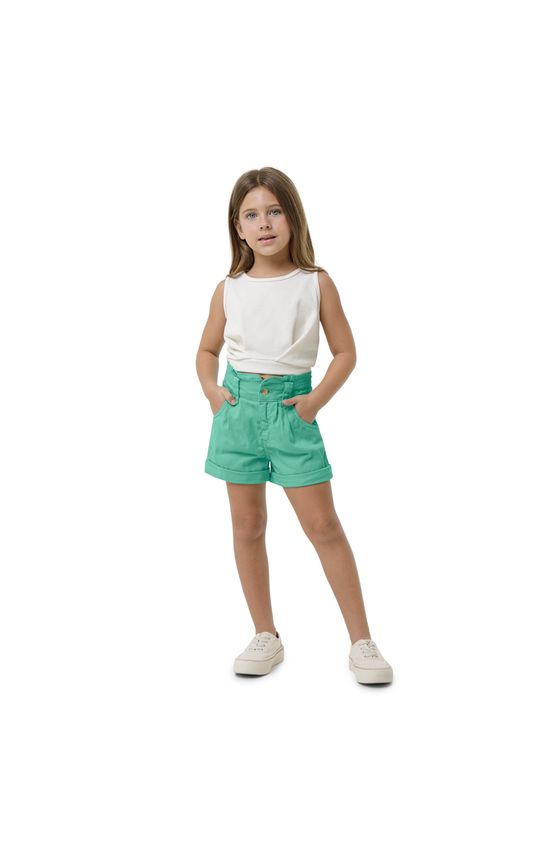 Shorts Clochard Menina Pregas Frontais Em Sarja Com Elastano Carinhoso