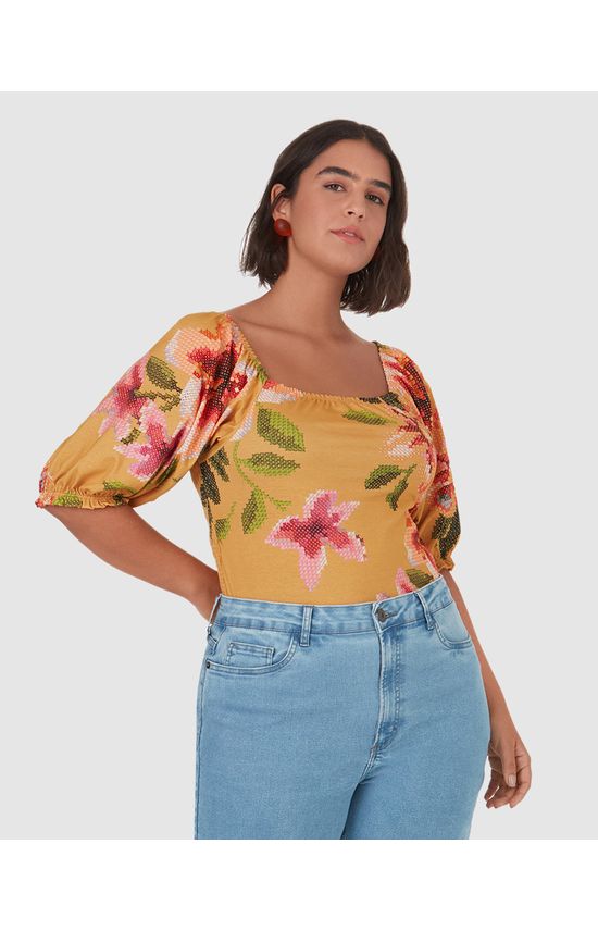 Blusa Feminina Plus Size Decote Ombro A Ombro Floral Em Algodão