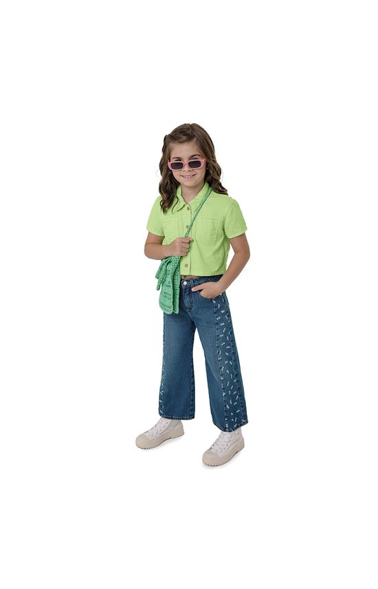 Calça Menina Wide Leg Estampada Em Jeans Carinhoso