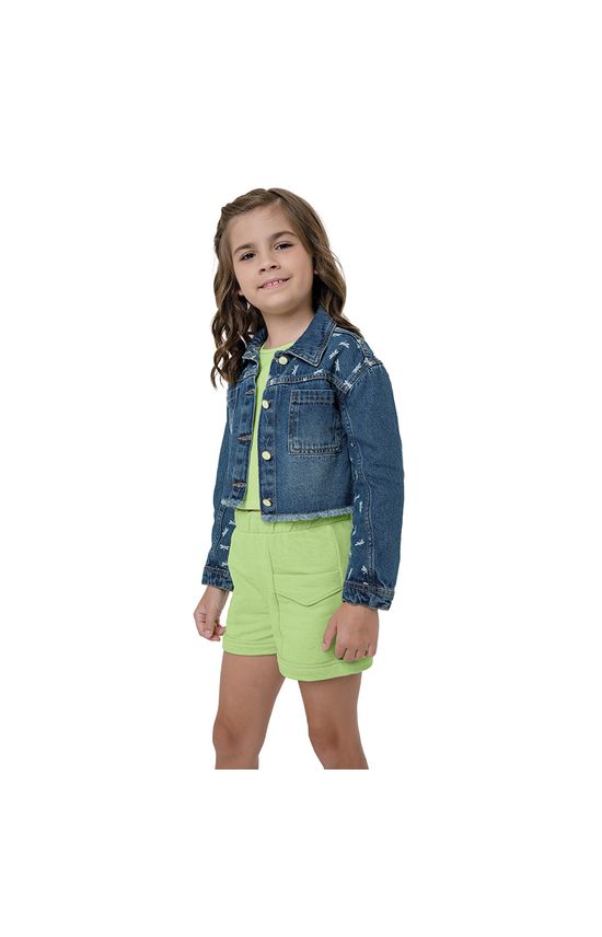 Jaqueta Menina Com Estampa E Barra Desfiada Em Jeans Carinhoso