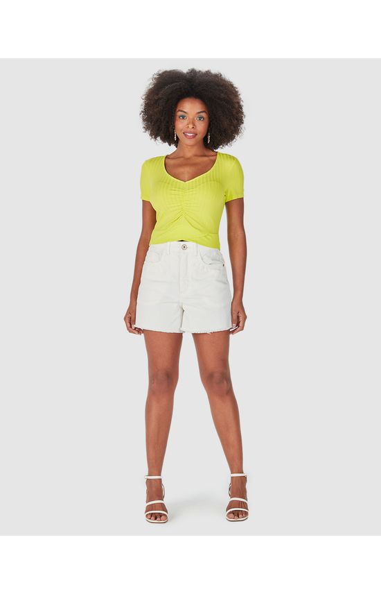 Blusa Cropped Feminina Busto Franzido Em Malha Canelada De Viscose
