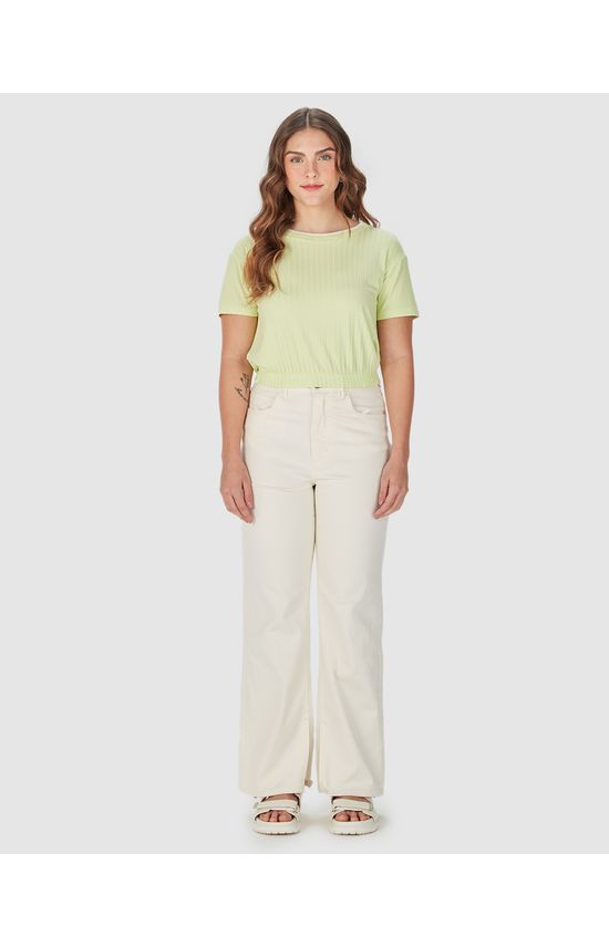 Blusa Cropped Feminina Barra Elástica Em Malha Canelada De Viscose