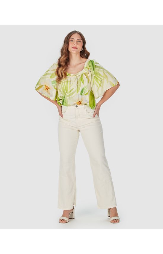 Blusa Feminina Folhagem Decote Quadrado Em Viscose