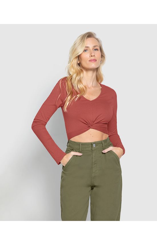 Blusa Feminina Decote V Torção Em Malha Canelada de Viscose - ENFIM