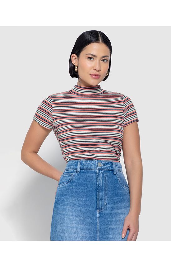 Blusa Feminina Gola Alta Em Malha Listrada - ENFIM
