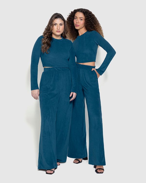 Calça Básica Feminina Wide Leg Em Malha Veludo Cotelê - ENFIM Azul - M