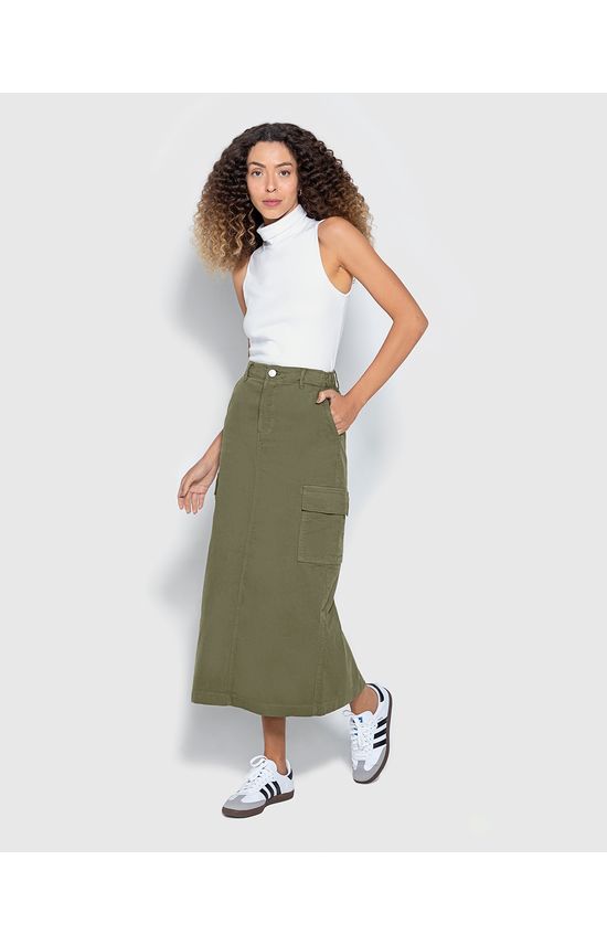 Saia Midi Feminina Bolso Cargo Em Sarja Com Elastano - ENFIM