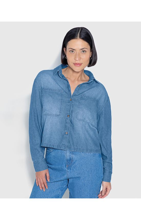 Camisa Cropped Feminina Manga Longa Em Jeans Soft - ENFIM