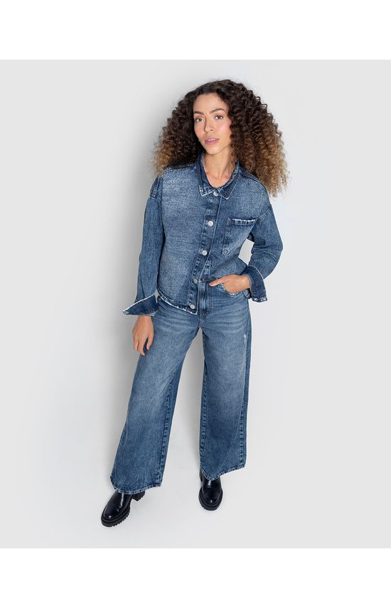 Calça Wide Leg Feminina Detalhe Puído Em Jeans 100% Algodão - ENFIM