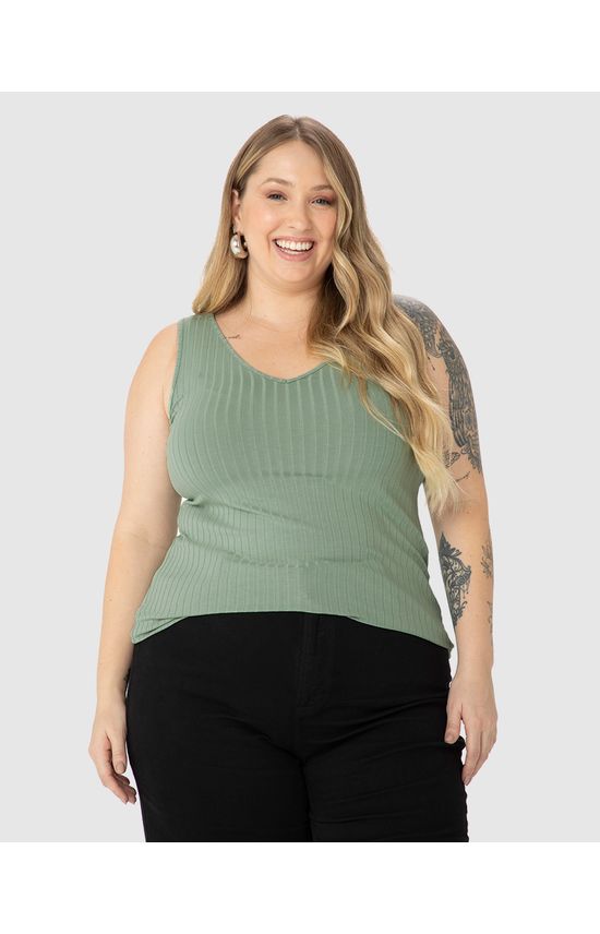 Regata Básica Feminina Plus Size Decote V Em Canelado De Viscose