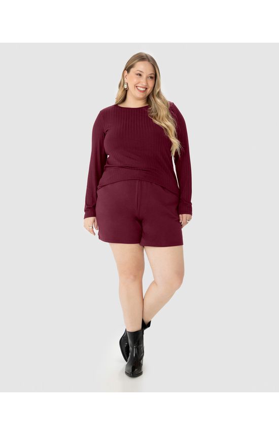 Blusa Básica Feminina Plus Size Manga Longa Em Canelado De Viscose