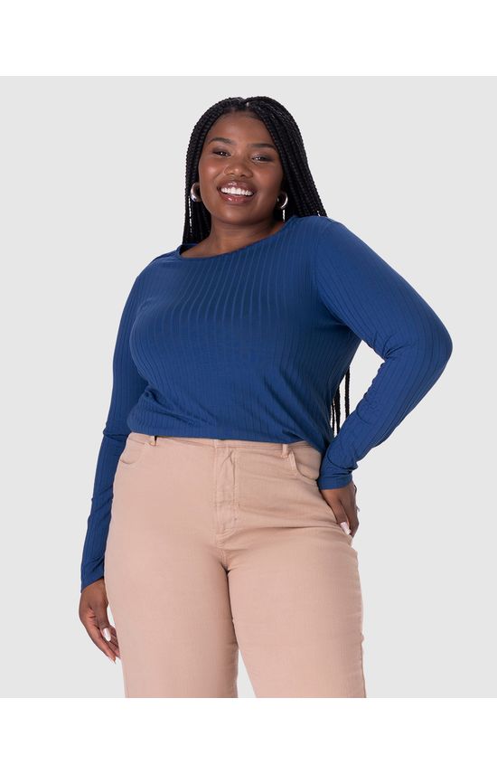 Blusa Básica Feminina Plus Size Manga Longa Em Canelado De Viscose