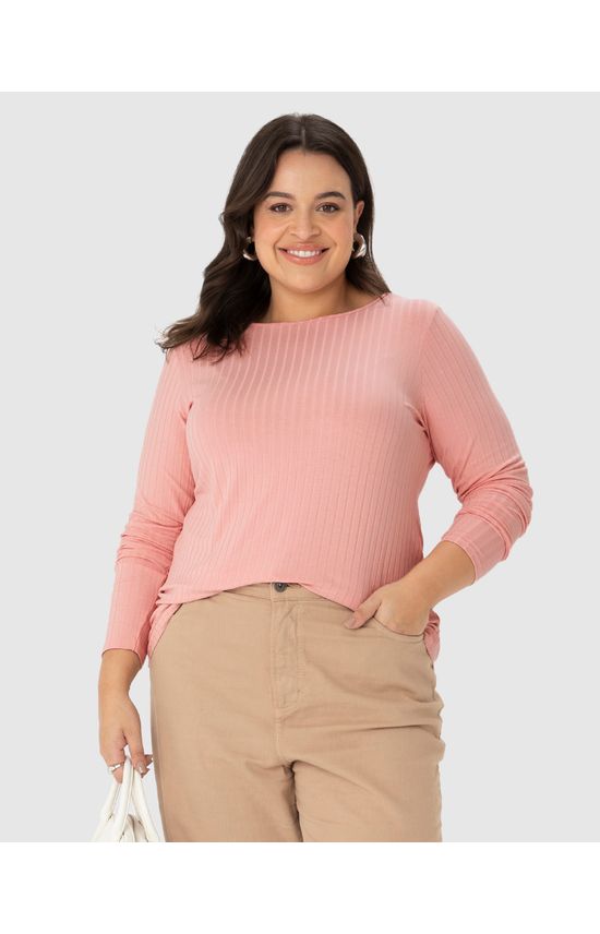 Blusa Básica Feminina Plus Size Manga Longa Em Canelado De Viscose