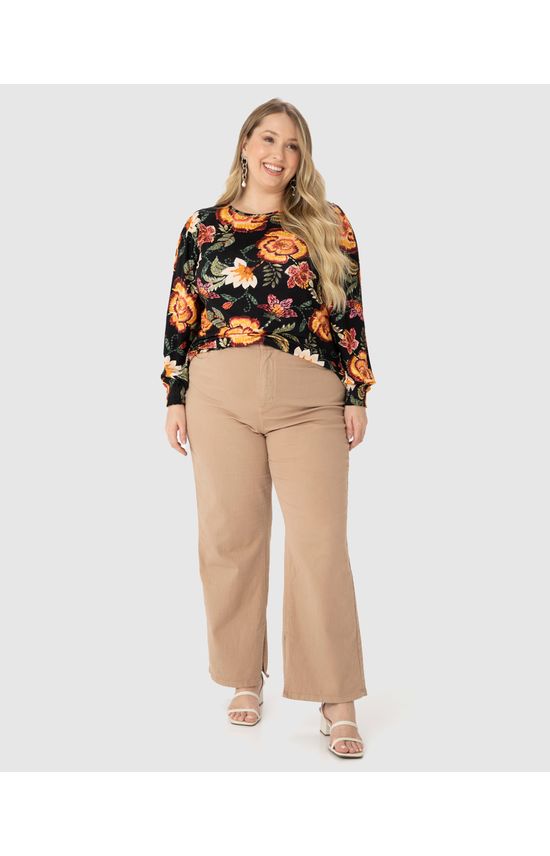 Blusa Feminina Plus Size Floral Manga Franzida Em Viscose Stretch