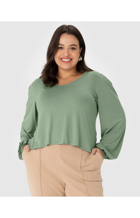 Blusa Cropped Feminina Plus Size Manga Longa Em Malha Viscolinho Stretch