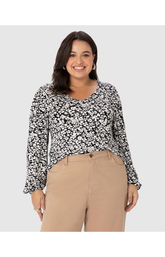 Blusa Cropped Feminina Plus Size Manga Longa Em Malha Viscolinho Stretch