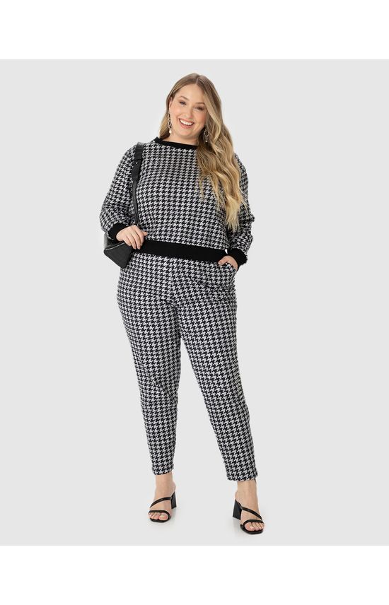 Blusão Feminino Plus Size Estampa Pied De Poule Em Moletom Stretch