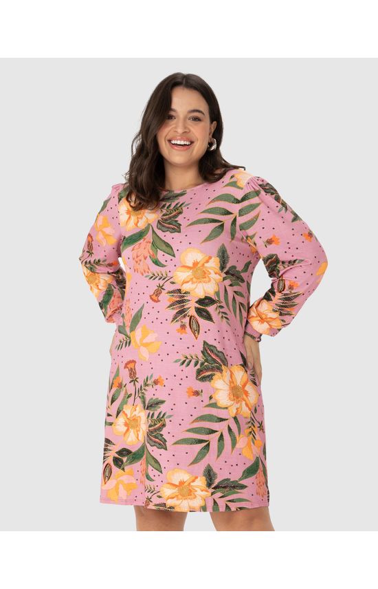 Vestido Feminino Plus Size Floral Manga Franzida Em Viscose Stretch