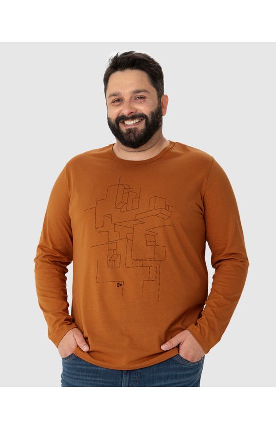 Camiseta Masculina Plus Size Estampa Frontal Manga Longa Em Algodão