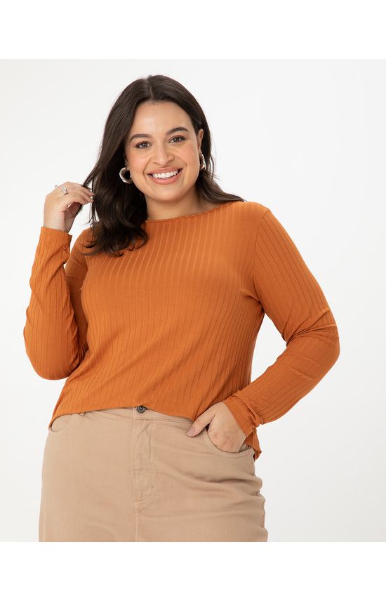 Blusa Básica Feminina Plus Size Manga Longa Em Canelado De Viscose