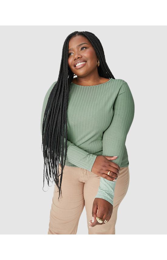 Blusa Básica Feminina Plus Size Manga Longa Em Canelado De Viscose