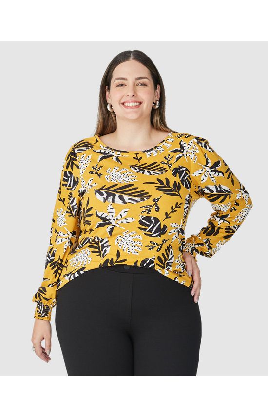 Blusa Feminina Plus Size Folhagem Manga Franzida Em Viscose Stretch