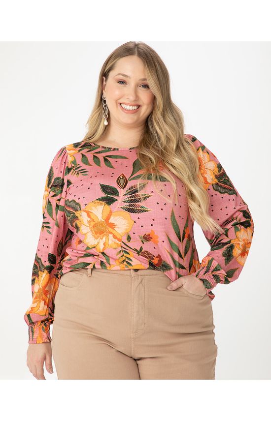 Blusa Feminina Plus Size Floral Manga Franzida Em Viscose Stretch