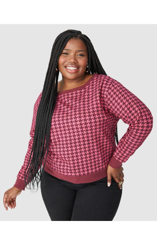 Blusão Feminino Plus Size Estampa Pied De Poule Em Moletom Stretch
